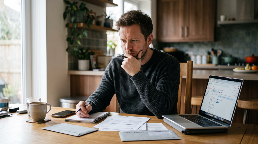 EmpowerAbility. ADHD. Man with ADHD sitting at a dining table in a modern British home, trying to begin an important everyday administrative task.