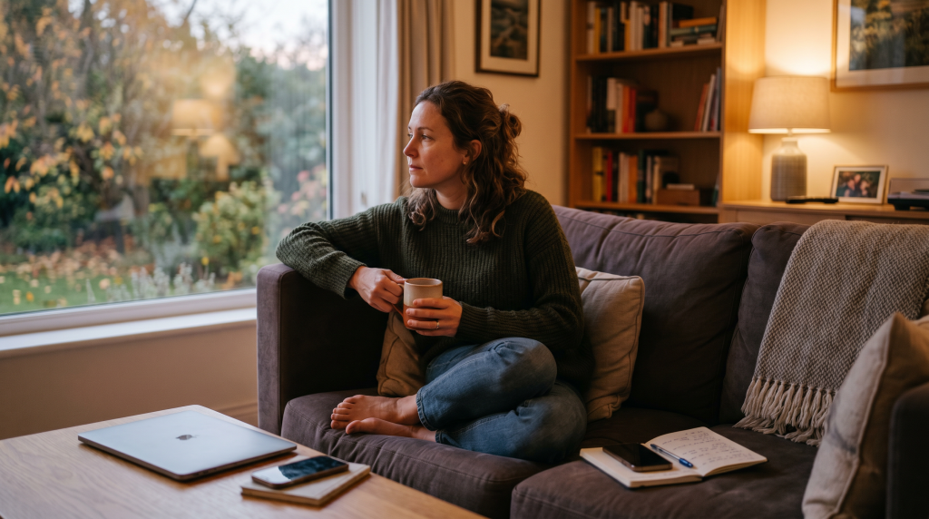 EmpowerAbility. ADHD.  Woman sitting quietly on a comfortable sofa in her own modern home during the early evening.