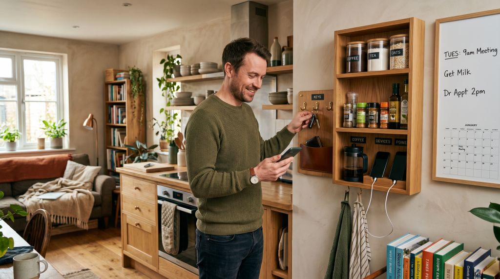 EmpowerAbility. ADHD.  Man with ADHD using a thoughtfully organised kitchen and living space designed to make everyday life easier.