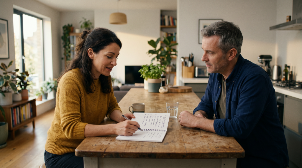 EmpowerAbility. ADHD.  Woman with ADHD planning a manageable household task with a male support worker.