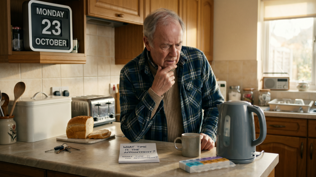 EmpowerAbility. Dementia. Man looking forgetful in the kitchen.