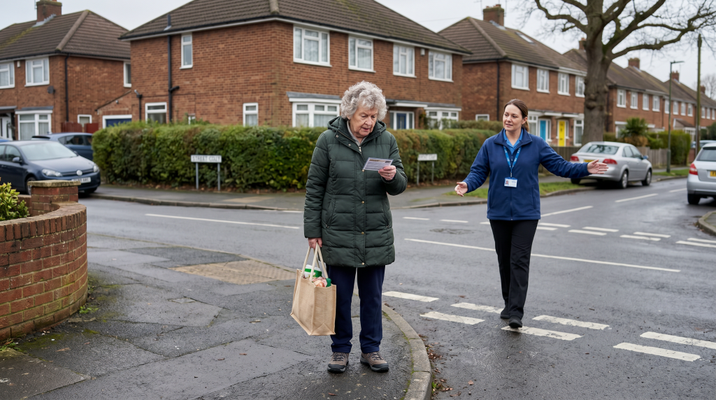 EmpowerAbility. Dementia.  Carer approaching lady on the street.