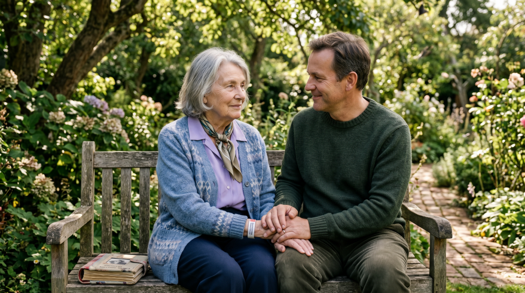 EmpowerAbility. Dementia.  Man sat on bench with a lady who has dementia.